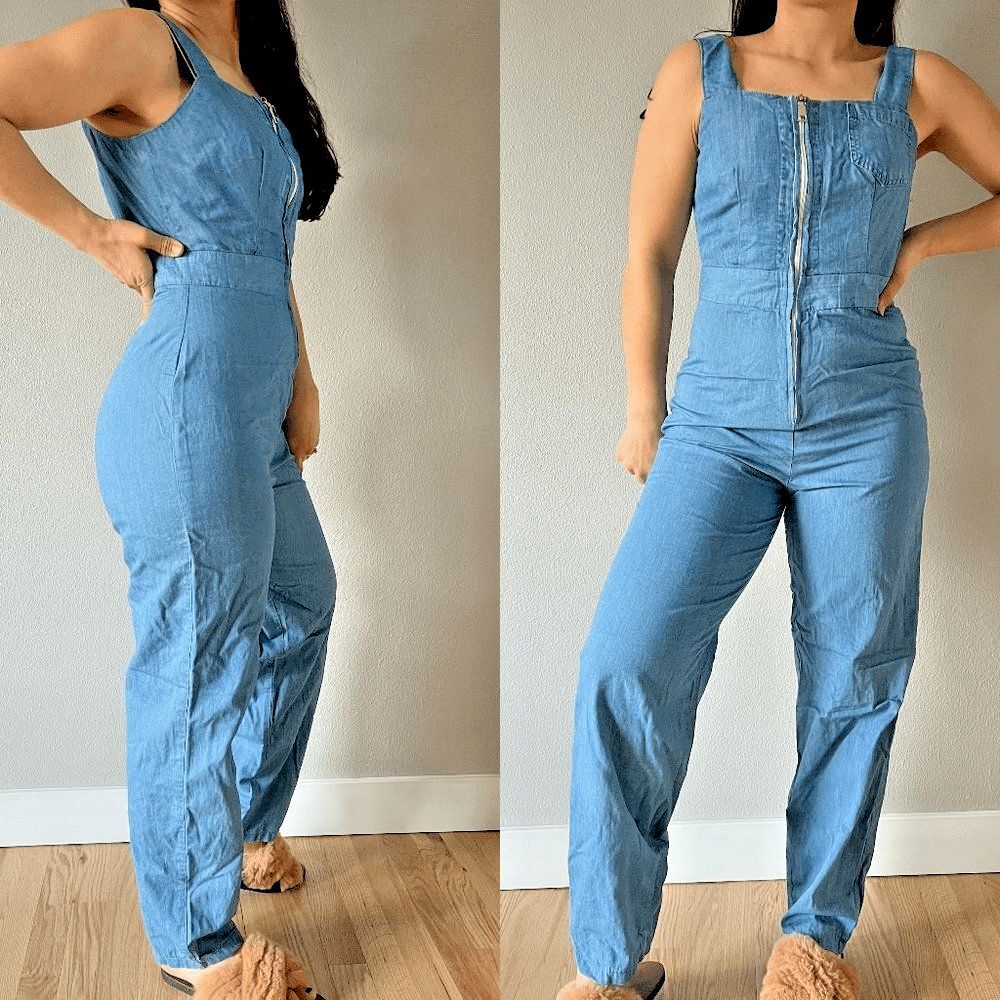 vtg 90s light blue cotton overalls onepiece zip up summer romper boho small